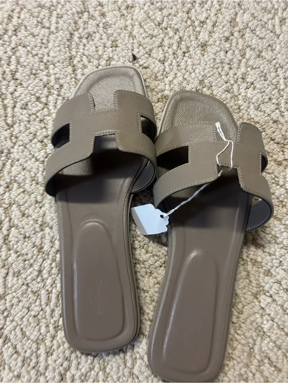 Hermes Taupe H‑Cut Leather Slide Sandals